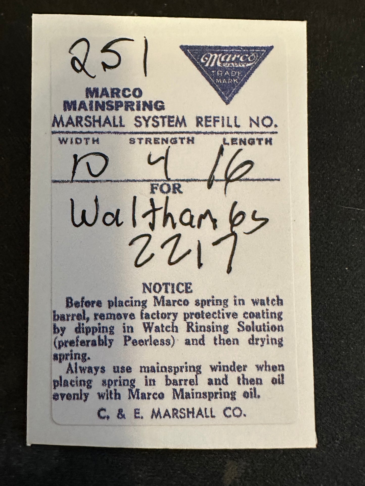 Marco Mainspring #251 for 6s Waltham Factory No. 2217 - Steel