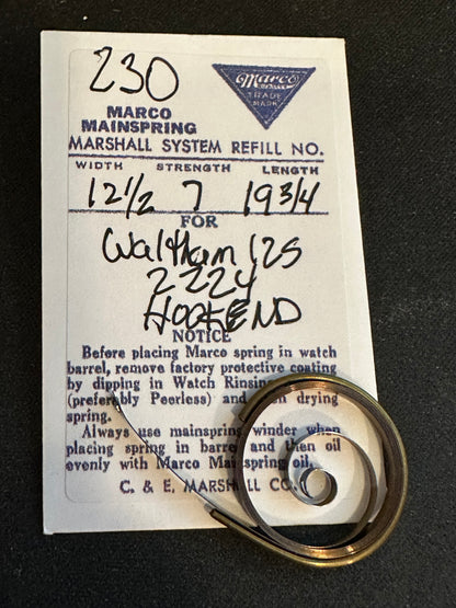 Marco Mainspring #230 for 12s Waltham 17j No. 2224 - Steel