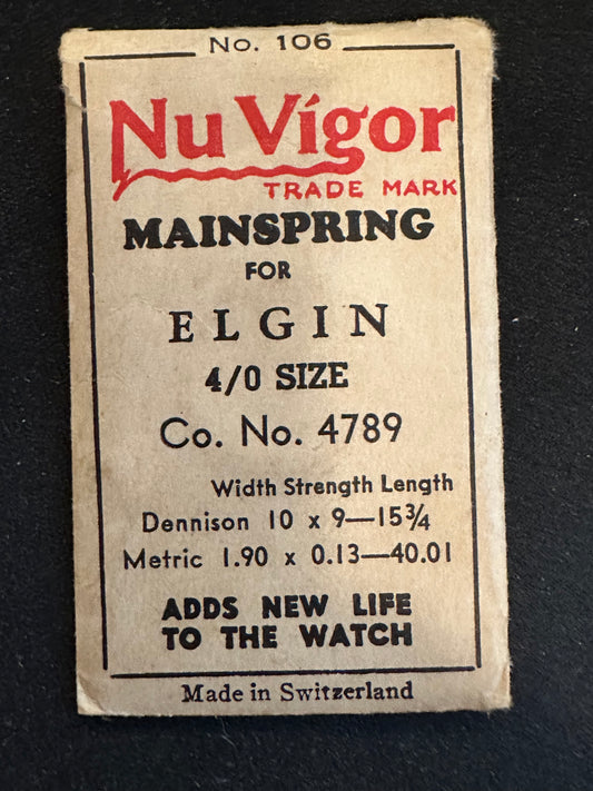 NuVigor Mainspring #106 for Elgin 4/0s Factory No. 4789 - Steel