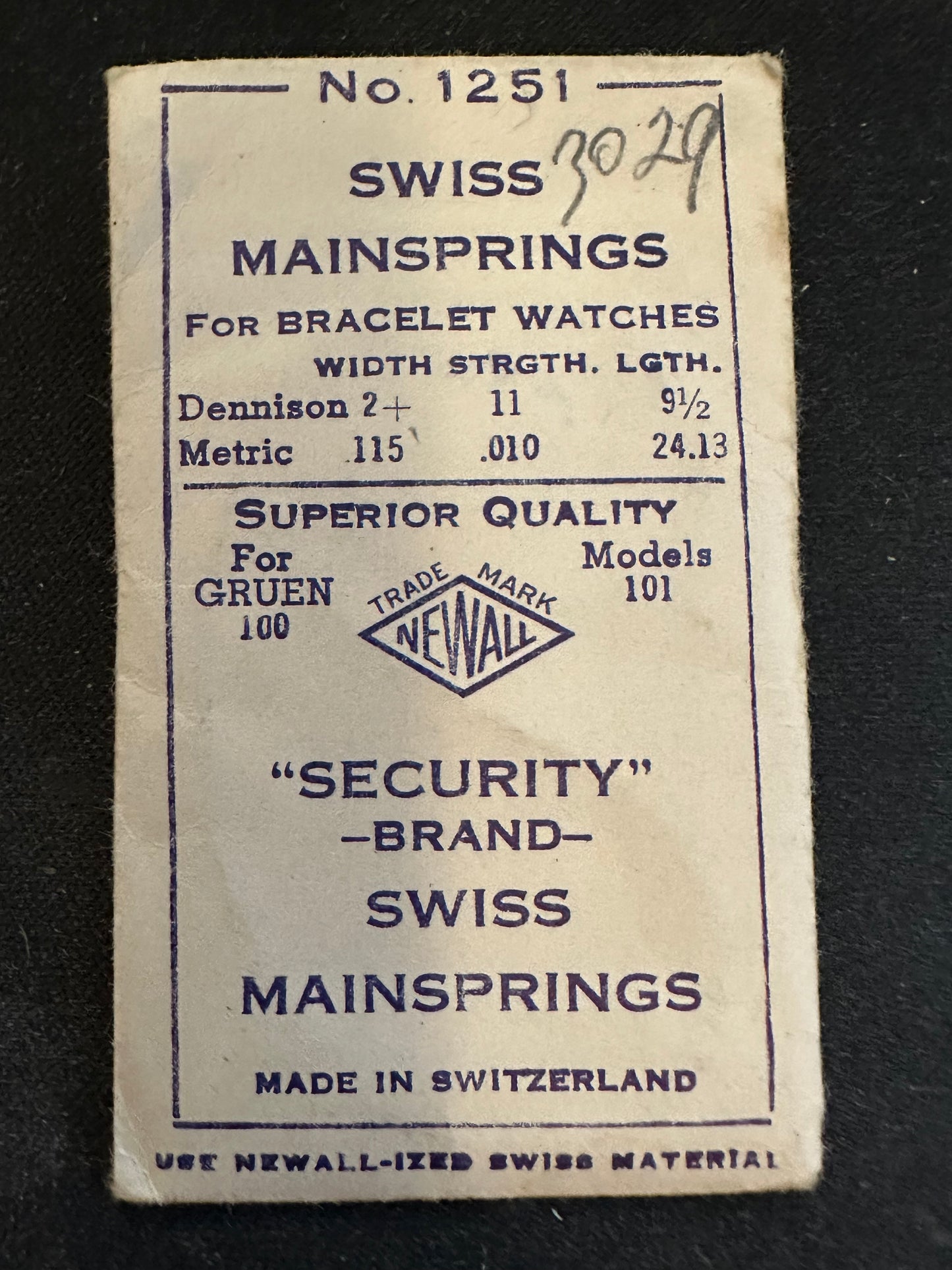 Newall Security Mainspring #1251 for Gruen caliber 100, 101 - Steel