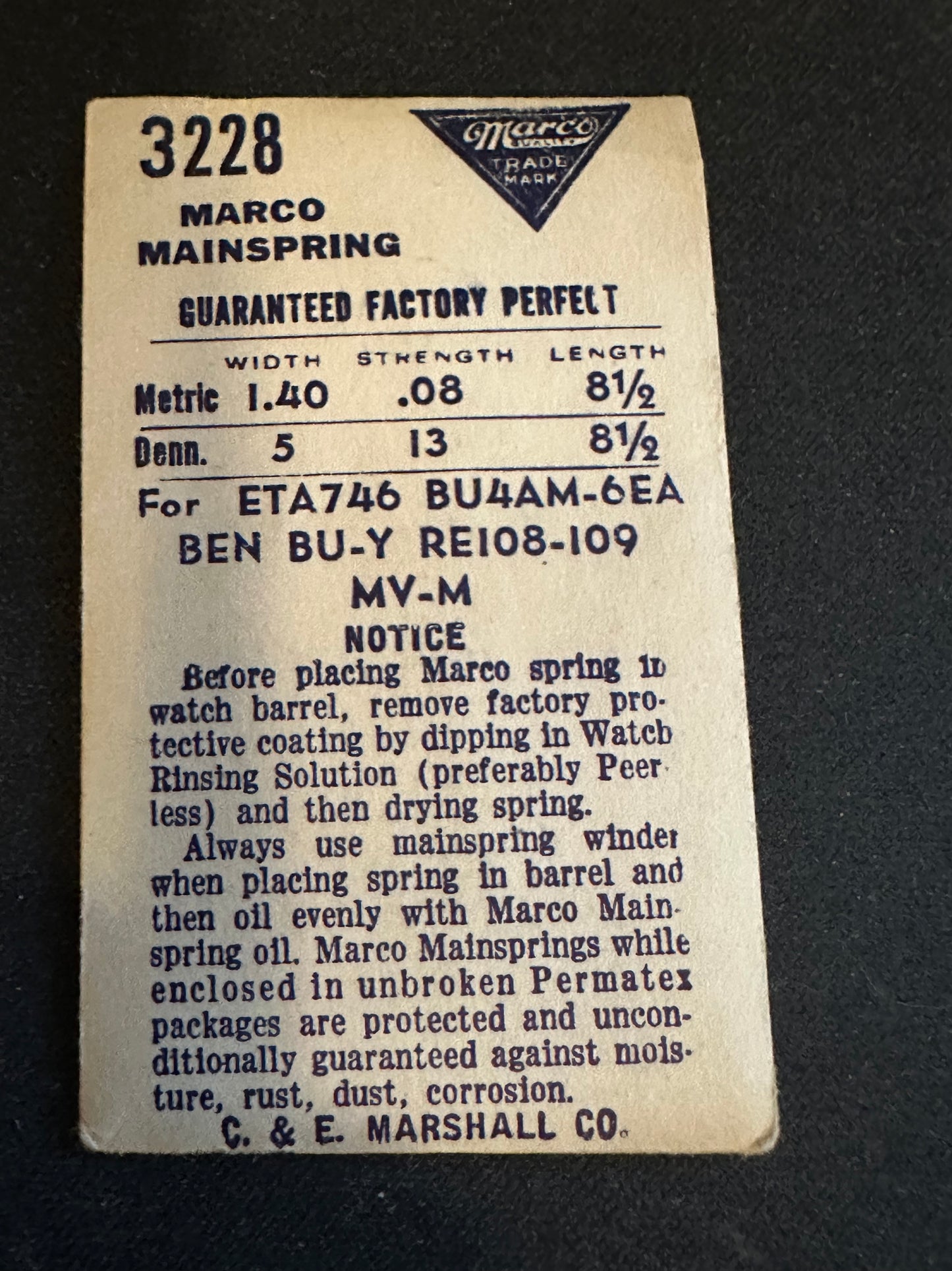 Marco Mainspring #3228 for Bulova 4AM, 6EA, ETA 746, Recta M, MV, 108, 109 - Steel