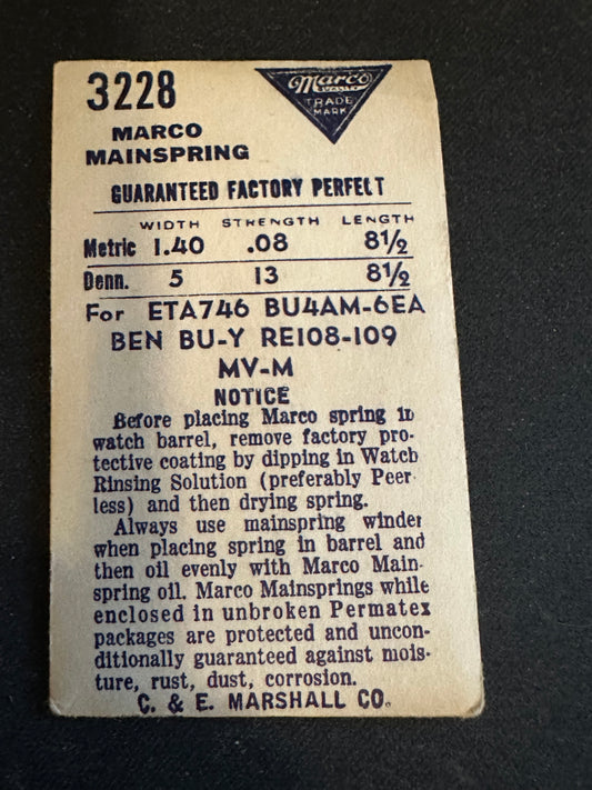 Marco Mainspring #3228 for Bulova 4AM, 6EA, ETA 746, Recta M, MV, 108, 109 - Steel