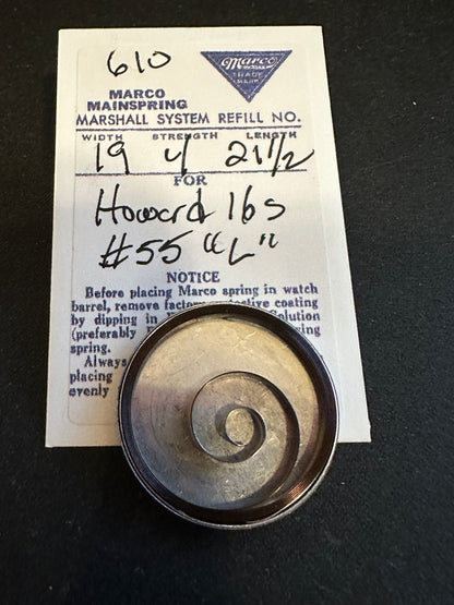 Marco No. 610 Mainspring for 16s E. Howard "L" Model Factory No. 55 - Steel