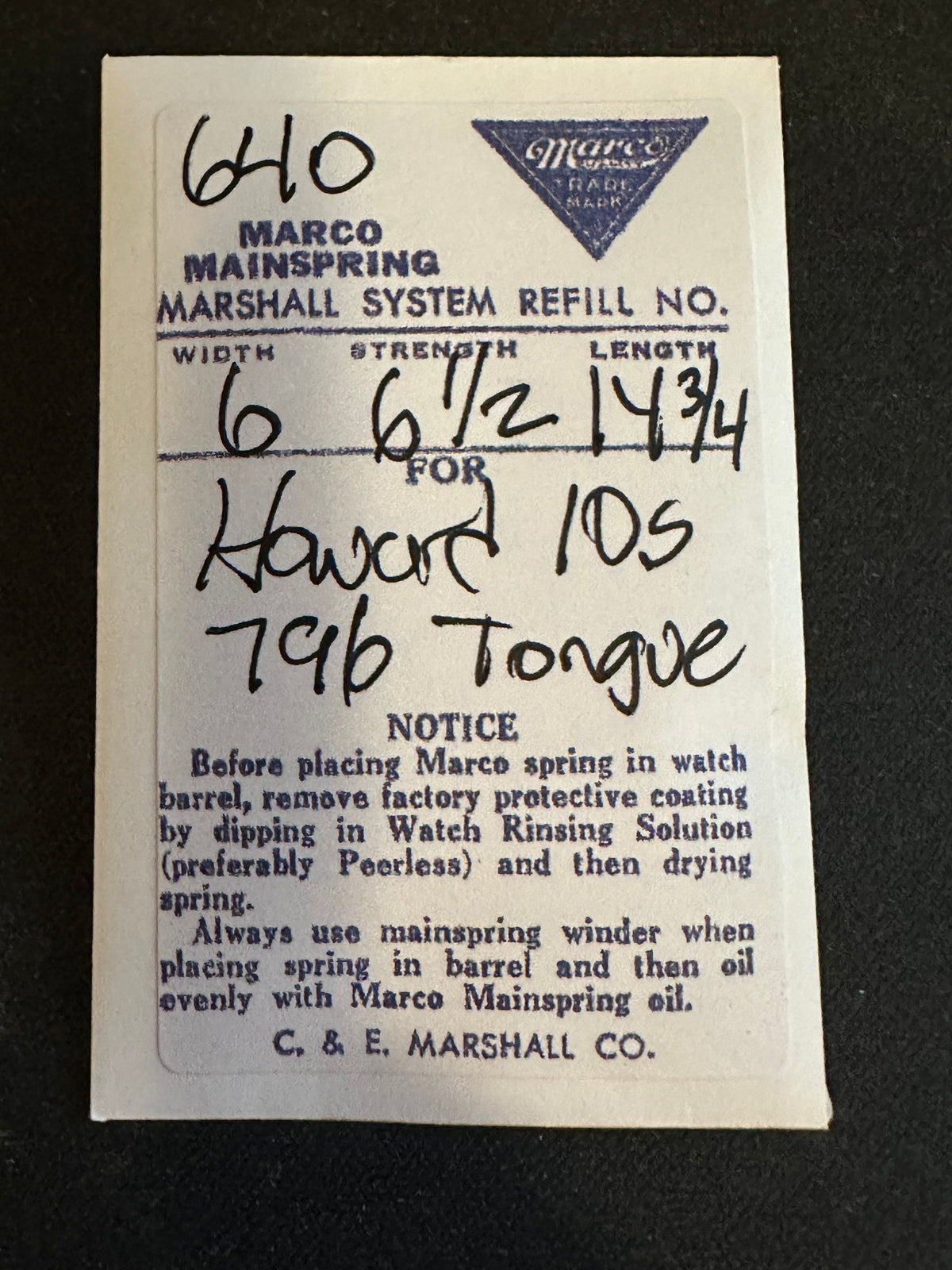 Marco Mainspring #640  for Howard 10s No. 796 - Steel