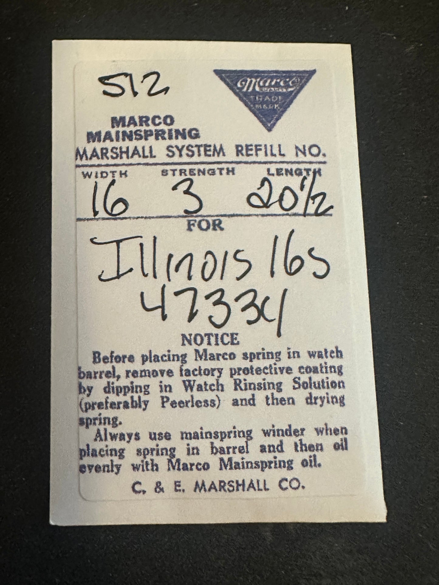 Marco Mainspring #512 for 14s & 16s Illinois Factory No. 47334 - Steel