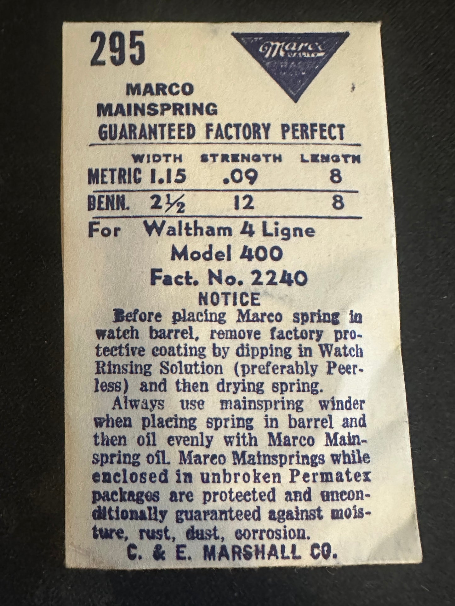 Marco Mainspring #295 for Waltham 4 Ligne Model 400 No. 2240 - Steel