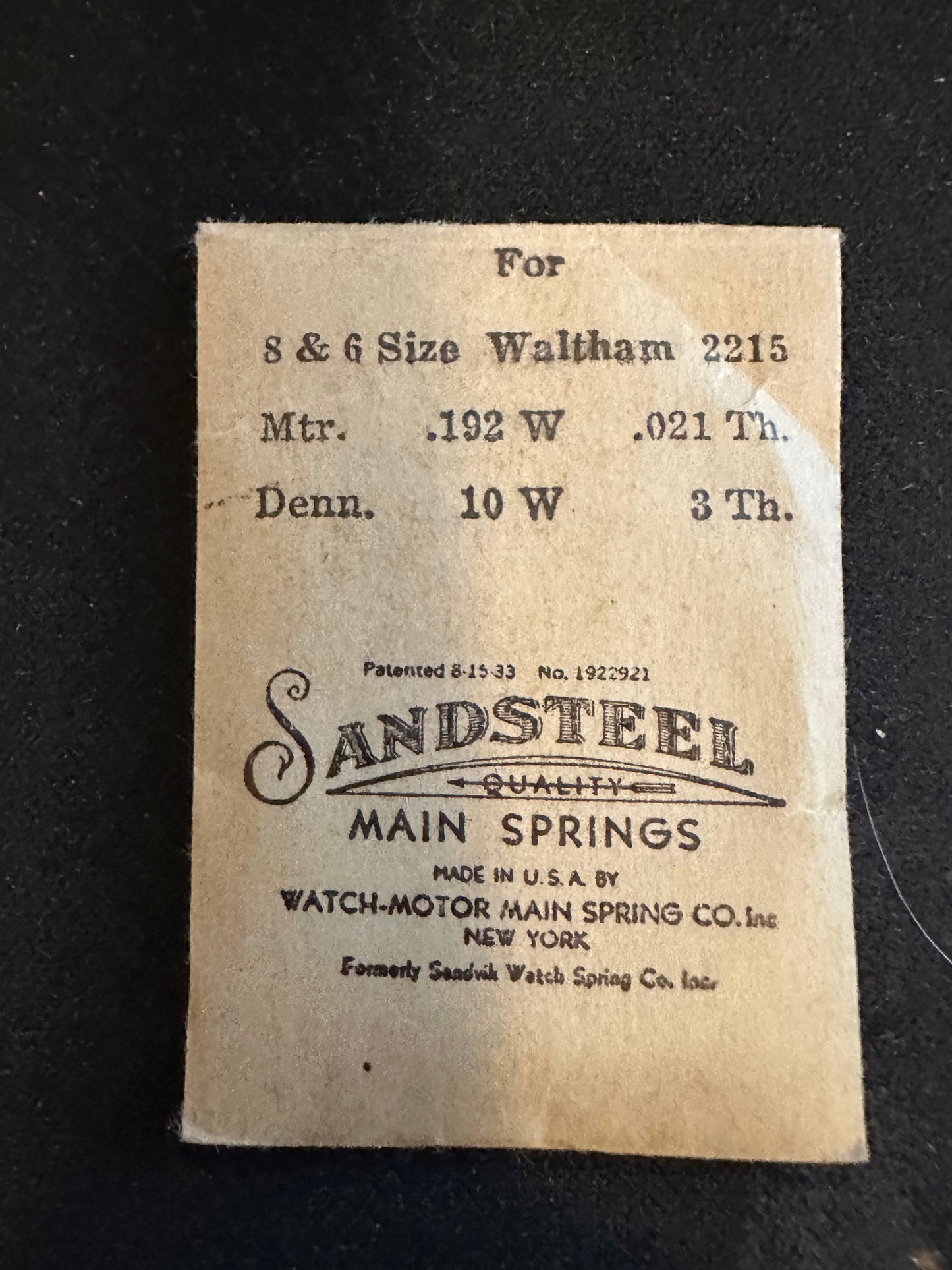 Sandsteel Mainspring for Waltham 6s & 8s Factory No. 2215 -  Steel