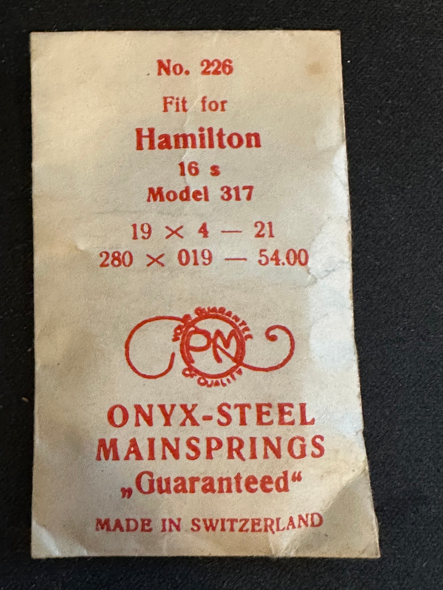 PM Mainspring #226 for Hamilton 16s No. 317 - ONYX Steel