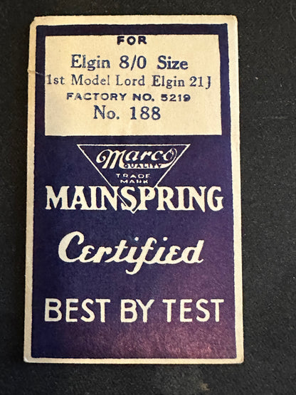 Marco Mainspring #188 for 8/0s Elgin 21j Movements No. 5219 - Steel
