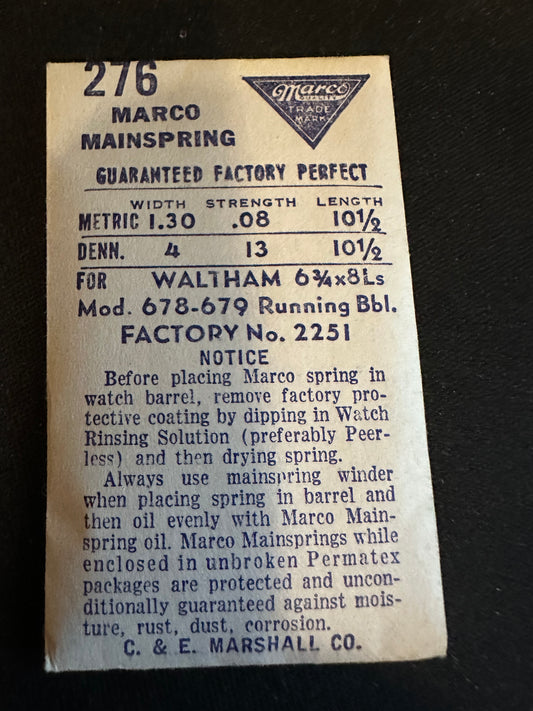 Marco Mainspring #276 for Waltham 6¾ ligne Model 678, 679 No. 2251 - Steel