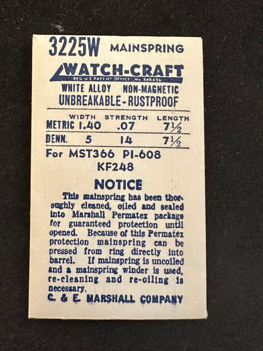 WATCH-CRAFT Mainspring 3225W for Pierce 608, MST 366, Kurth 248, Elgin 700 - Alloy