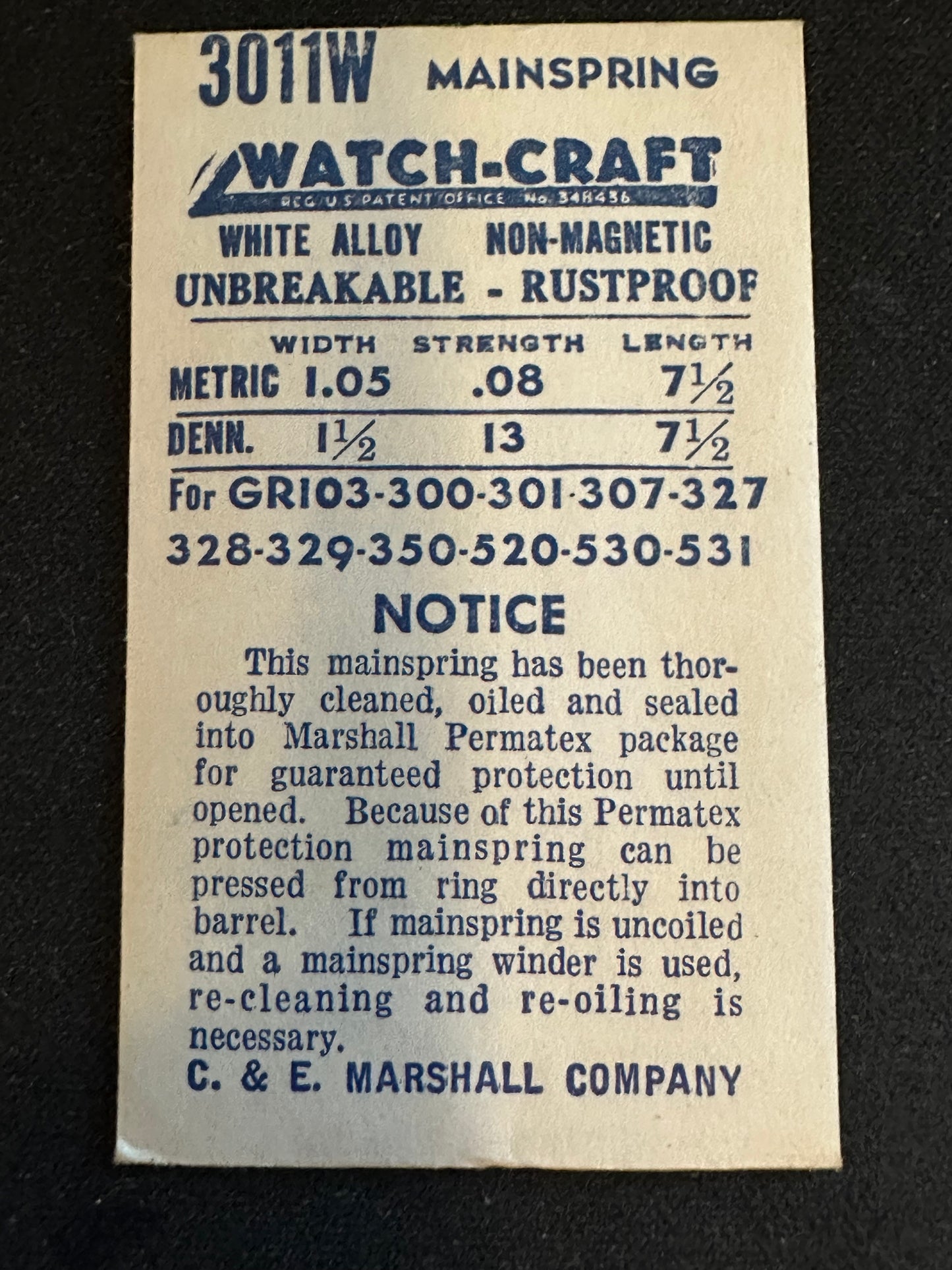 WATCH-CRAFT Mainspring 3011W for Gruen 300, 301, 307, 327, 328, 329, 350, etc. - Alloy