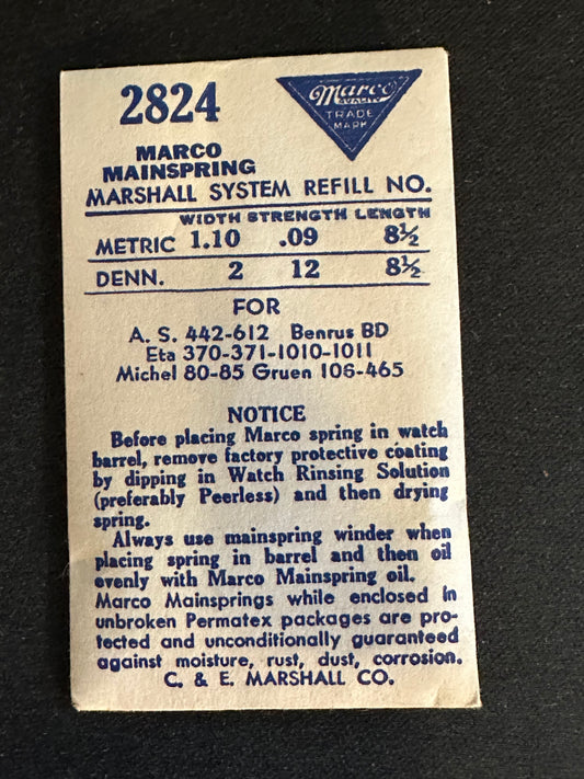 Marco Mainspring #2824 for A. Michel 80, 85, AS 442, 612, Gruen 106, 465 - Steel