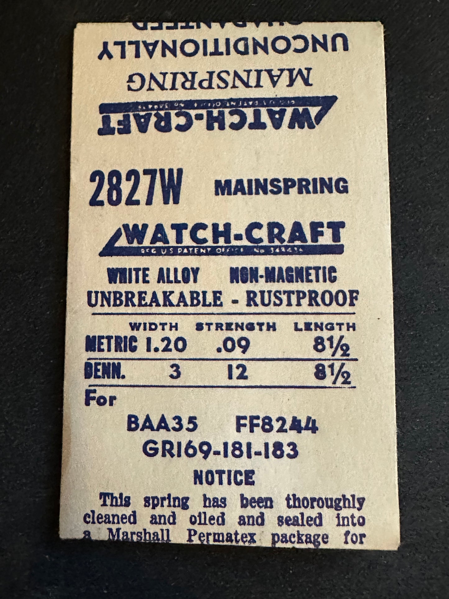 WATCH-CRAFT Mainspring 2827W for Gruen 169, 181, 183, Buren 35, Tissot 13.6, 15.2 - Alloy