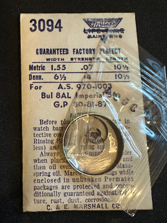 Marco Mainspring No. 3094 for Bulova 8AL, GP 80, 81, 87, AS 970, 1003 - Steel