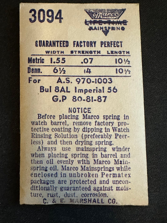 Marco Mainspring No. 3094 for Bulova 8AL, GP 80, 81, 87, AS 970, 1003 - Steel