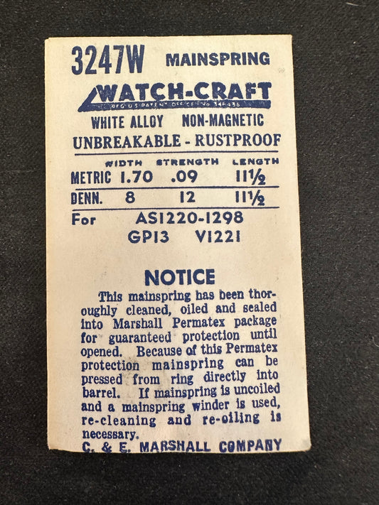 WATCH-CRAFT Mainspring 3247W for AS 1298, GP 13, Venus 1221 - Alloy