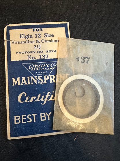 Marco Mainspring #137 for 12s Elgin Corsican 21j Factory No. 2874 - Steel