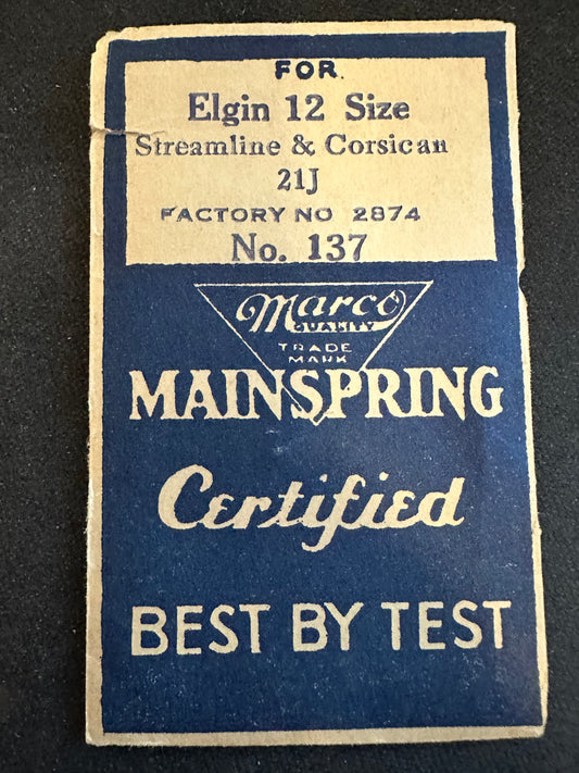 Marco Mainspring #137 for 12s Elgin Corsican 21j Factory No. 2874 - Steel