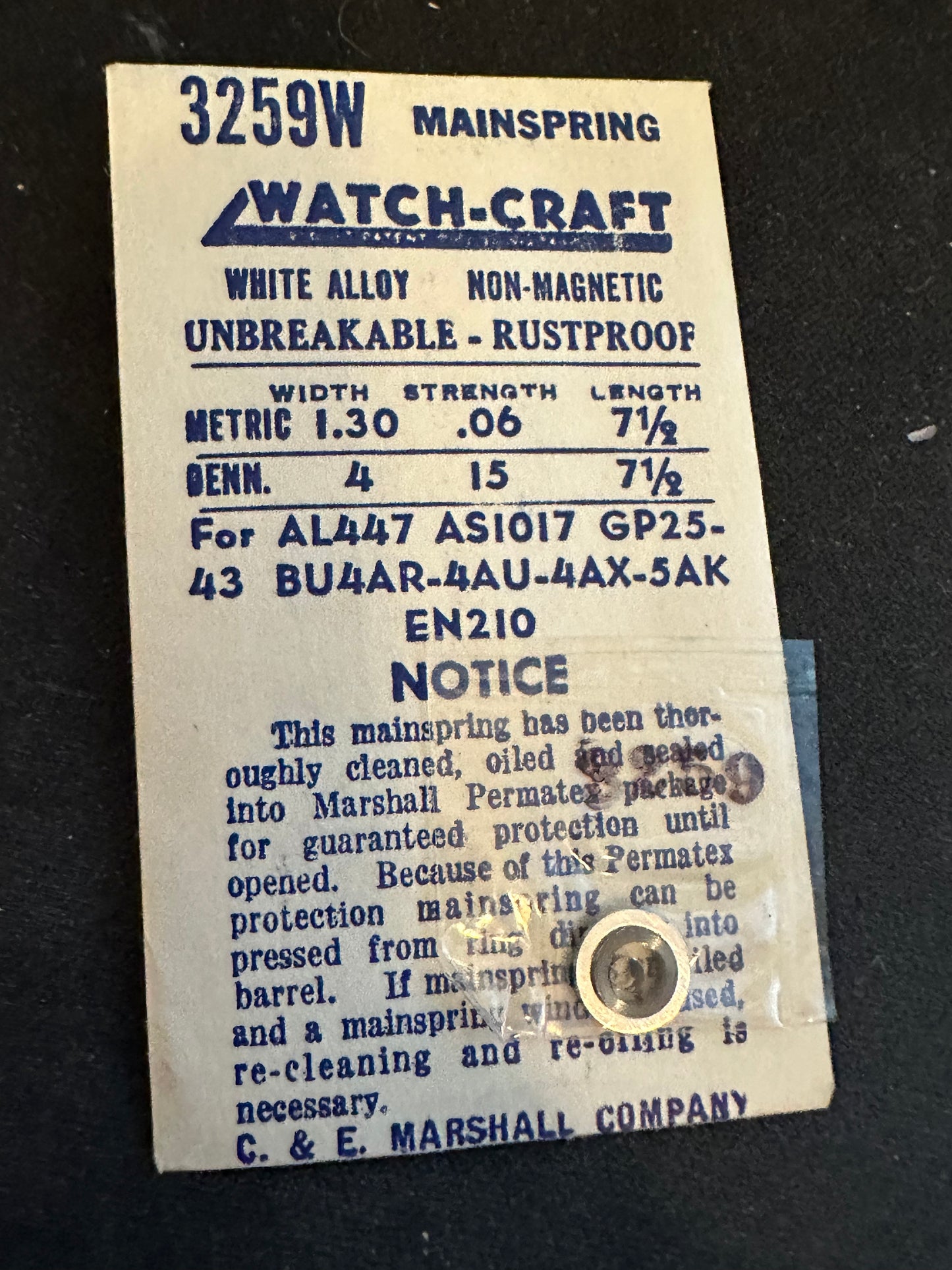 WATCH-CRAFT Mainspring 3259W for AS 1017, GP 25, 43, Alpina 447, Enicar 210 - Alloy