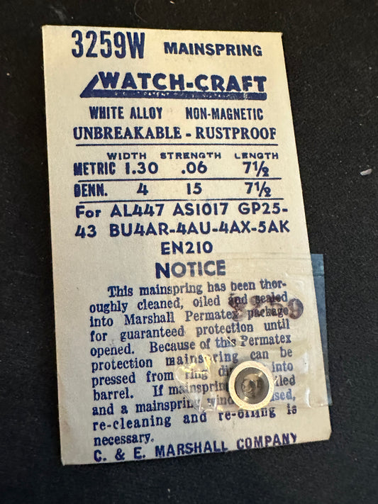 WATCH-CRAFT Mainspring 3259W for AS 1017, GP 25, 43, Alpina 447, Enicar 210 - Alloy