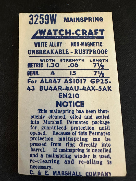 WATCH-CRAFT Mainspring 3259W for AS 1017, GP 25, 43, Alpina 447, Enicar 210 - Alloy