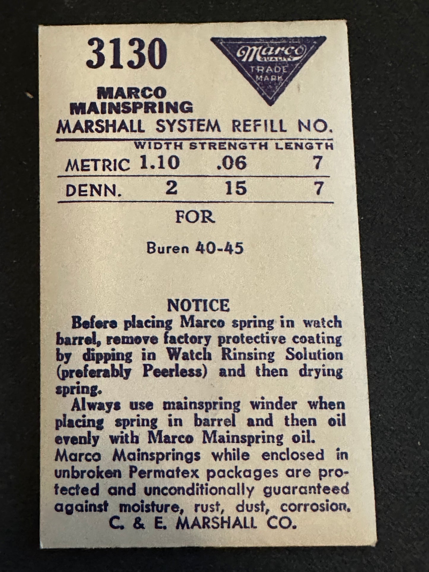 Marco Mainspring #3130 for Buren caliber 40, 45 - Steel