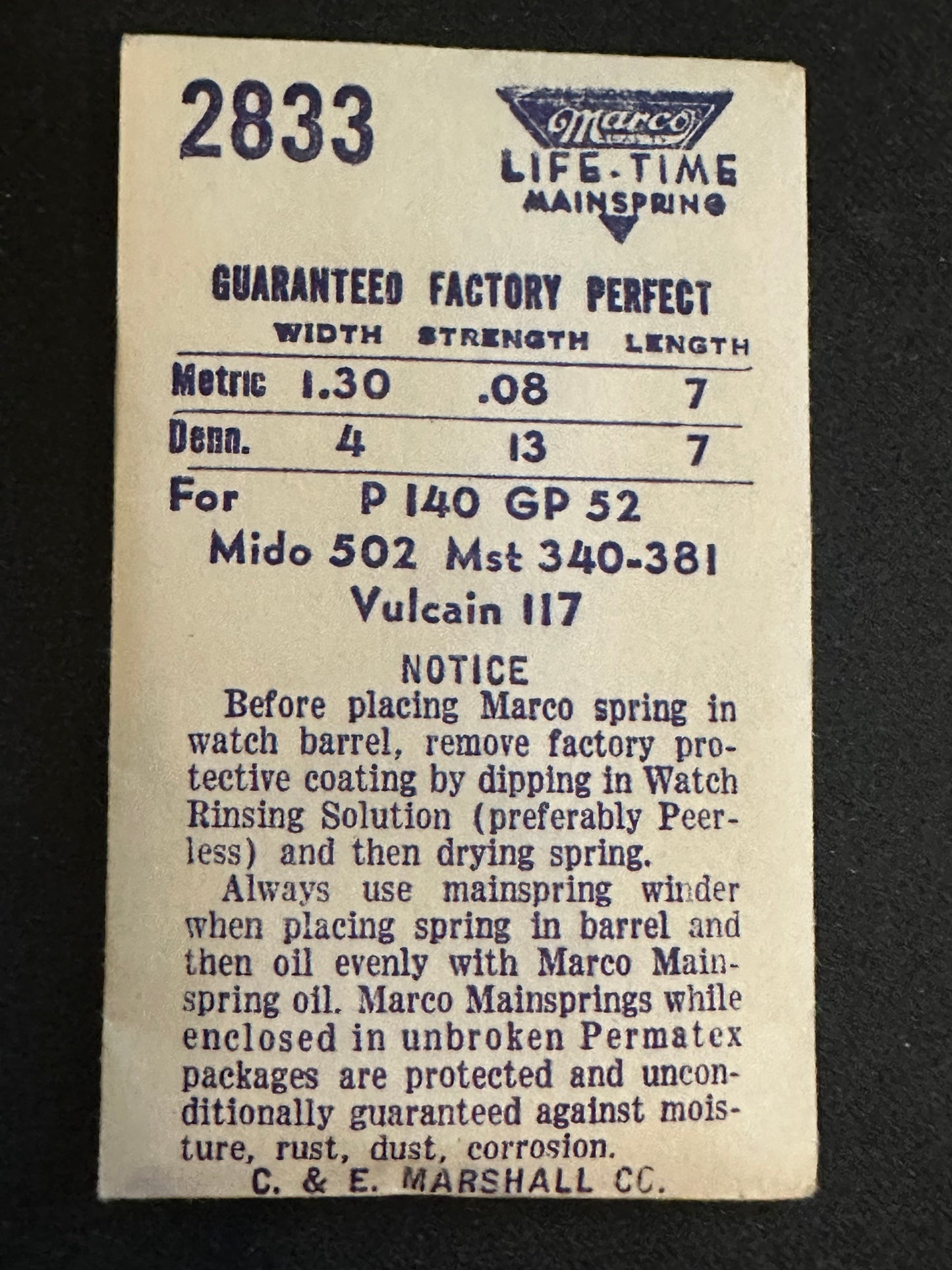 Marco Mainspring #2833 for Meyer-Studeli 340, 381, GP 52, Mido 502, Vulcain 117 - Steel