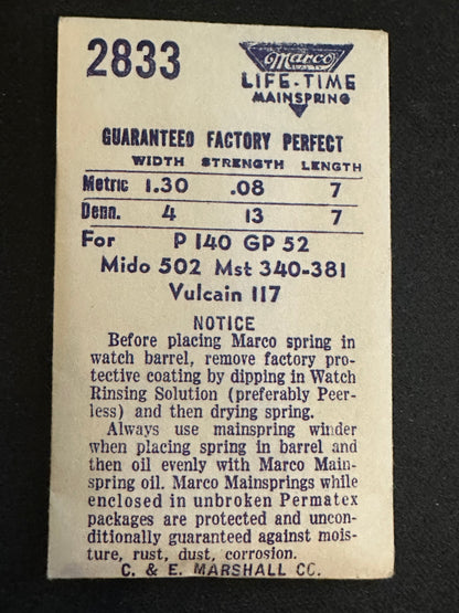 Marco Mainspring #2833 for Meyer-Studeli 340, 381, GP 52, Mido 502, Vulcain 117 - Steel