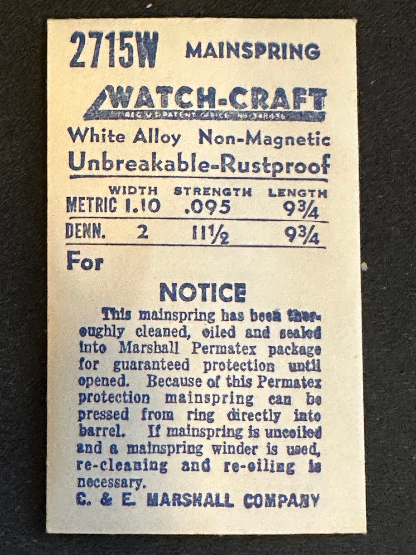 WATCH-CRAFT Mainspring 2715W for Omega RA 28.10, Gruen 723, Bulova 6LA - Alloy