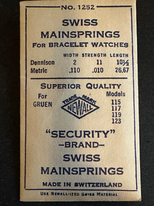 Newall Security Mainspring #1252 for Gruen caliber 115, 117, 119, 123 - Steel