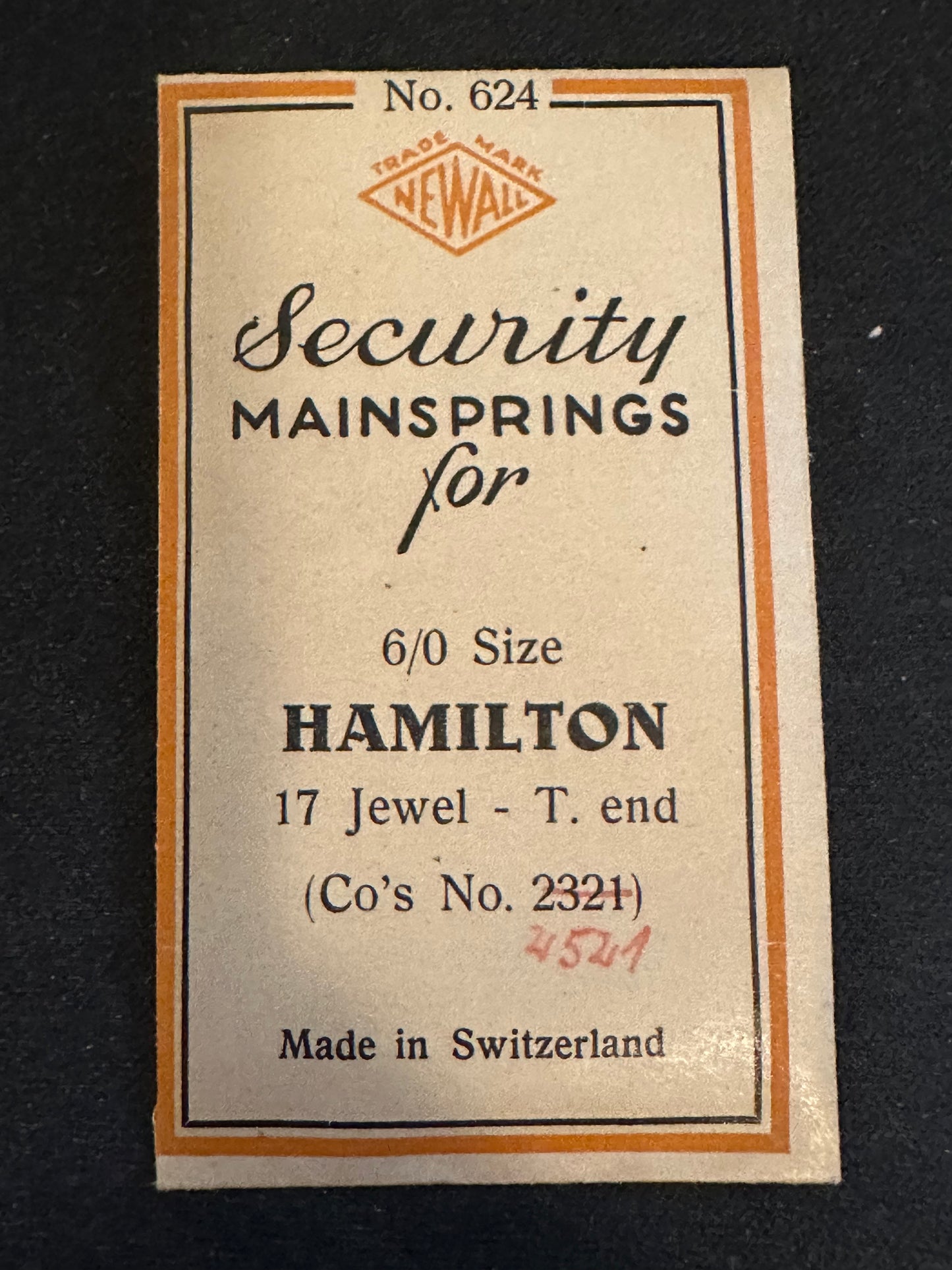 Newall Security Mainspring #624 for Hamilton 6/0s Factory No. 2321 - Steel