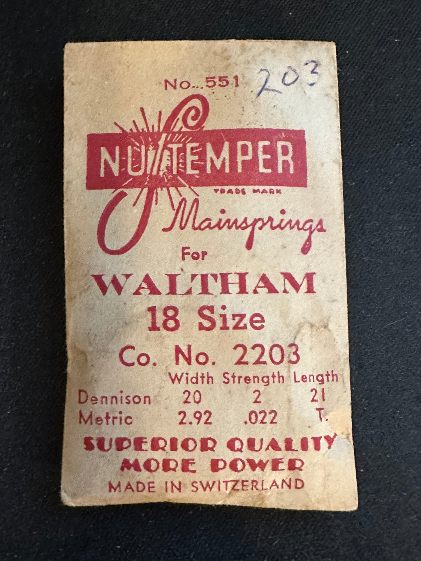 NuTemper Mainspring #551 for Waltham 18s Factory No. 2203 - Steel