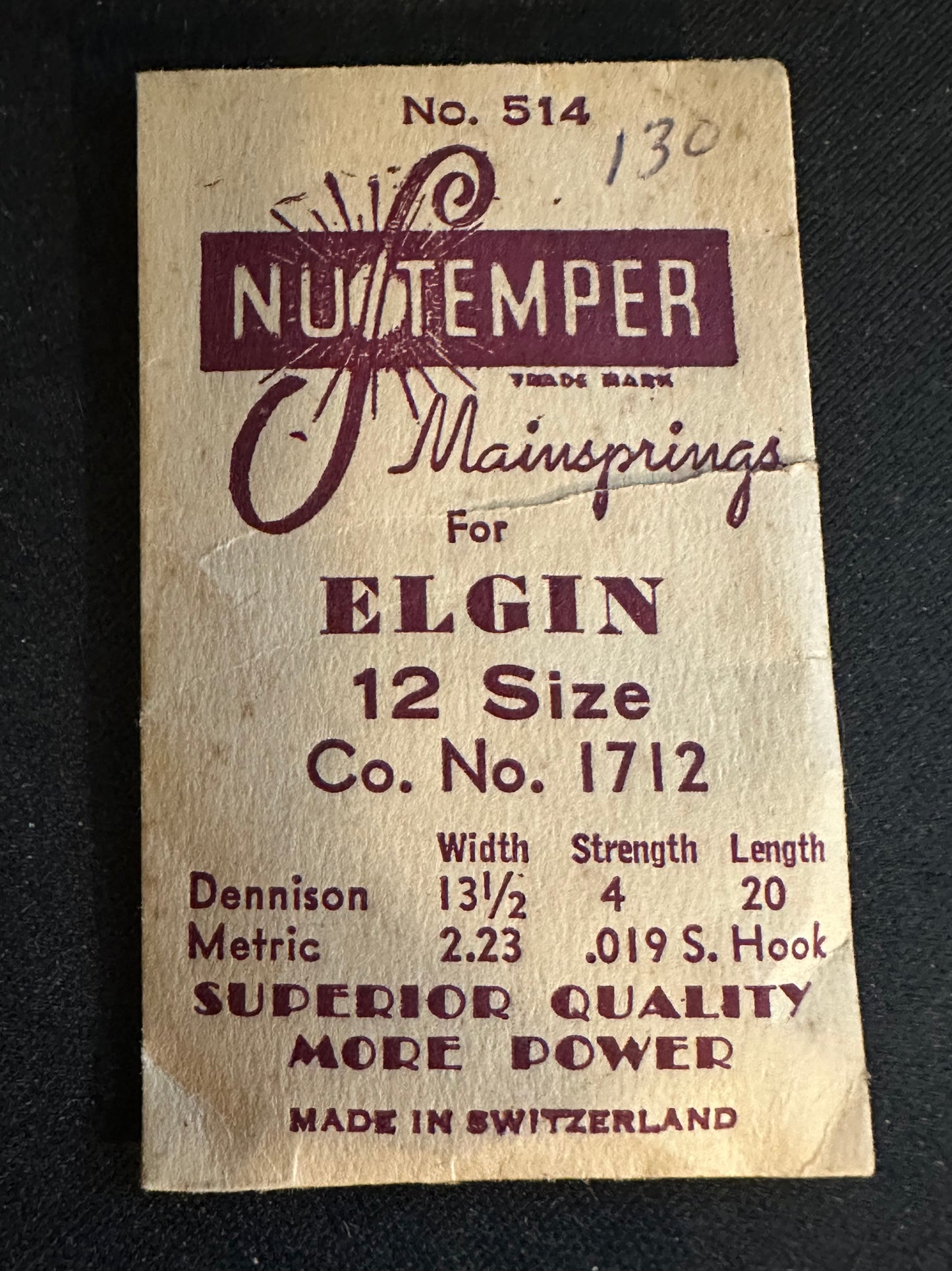 NuTemper Mainspring #514 for Elgin 12s Factory No. 1712 - Steel