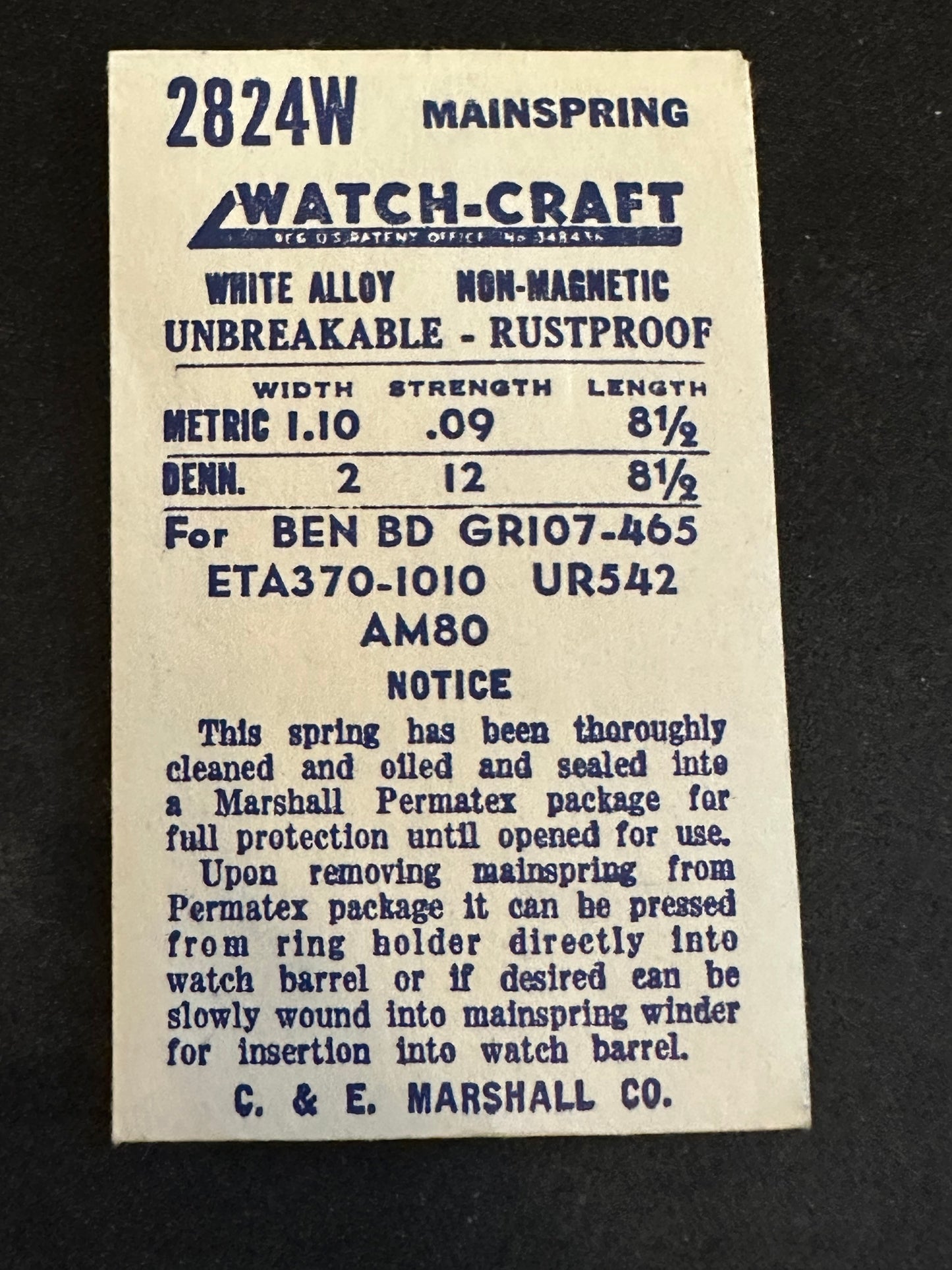 WATCH-CRAFT Mainspring 2824W for A. Michel 80, 85, AS 442, 612, Gruen 106, 465 - Alloy