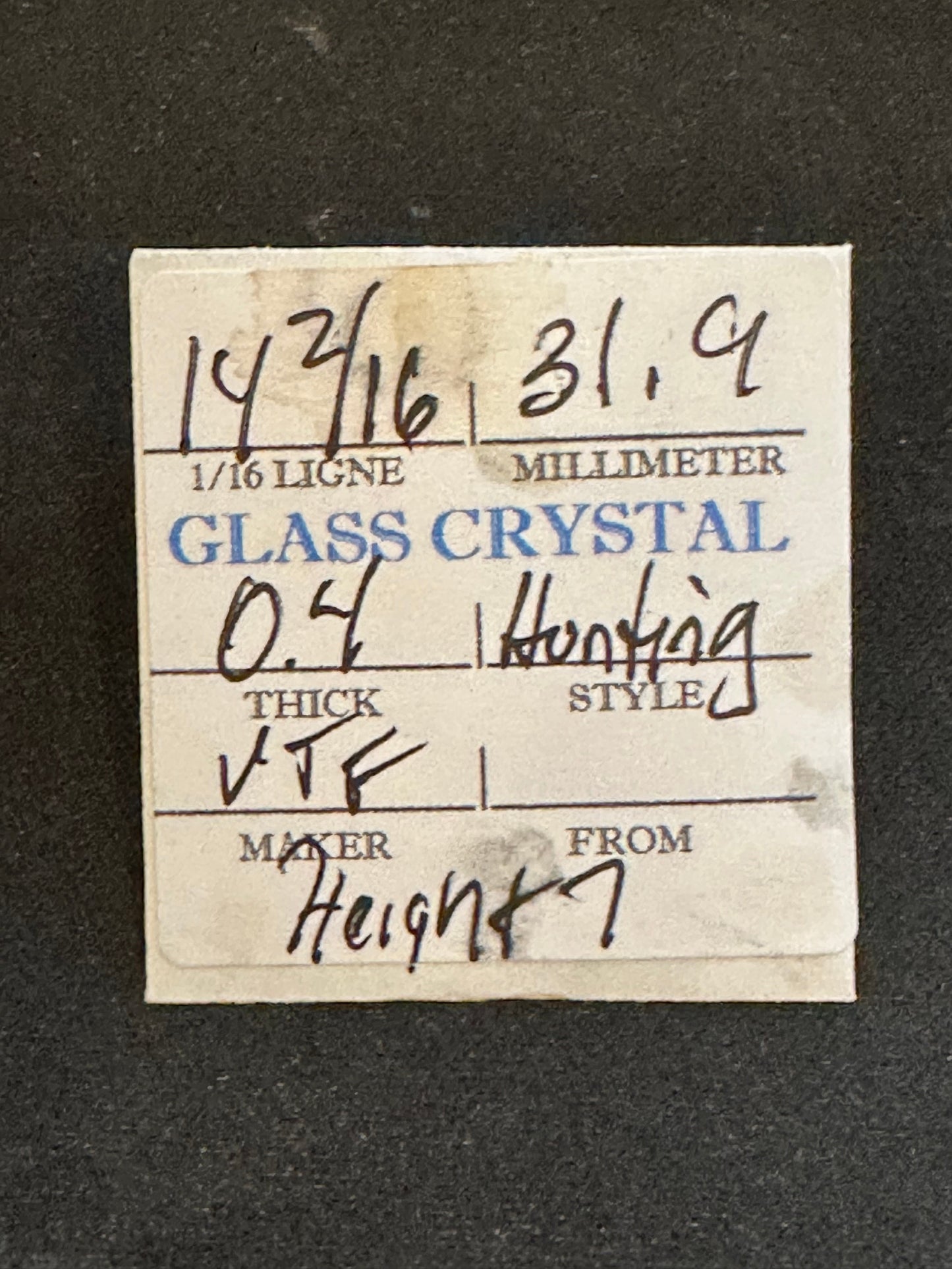 VTF Vintage Glass Hunting Case Watch Crystal 14-2/16 (~31.9mm) - NOS