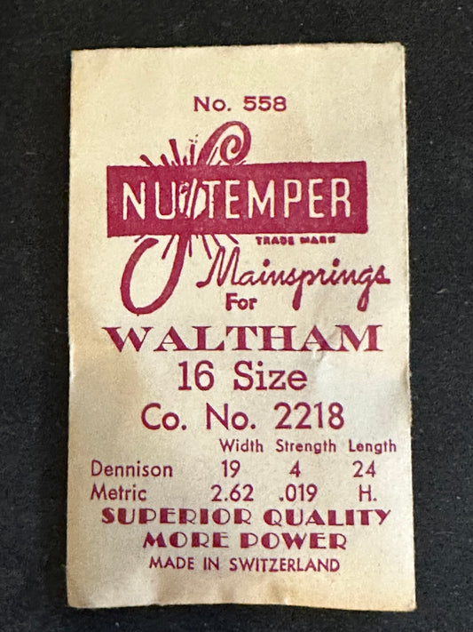 NuTemper Mainspring #558 for Waltham 16s No. 2218 - Steel
