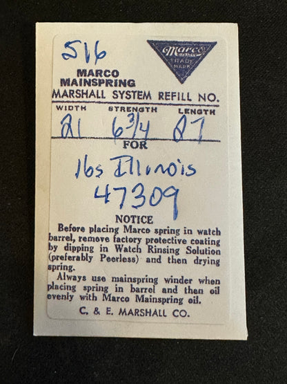 Marco Mainspring #516 for Illinois 16s 60hr Factory No. 47309 - Steel