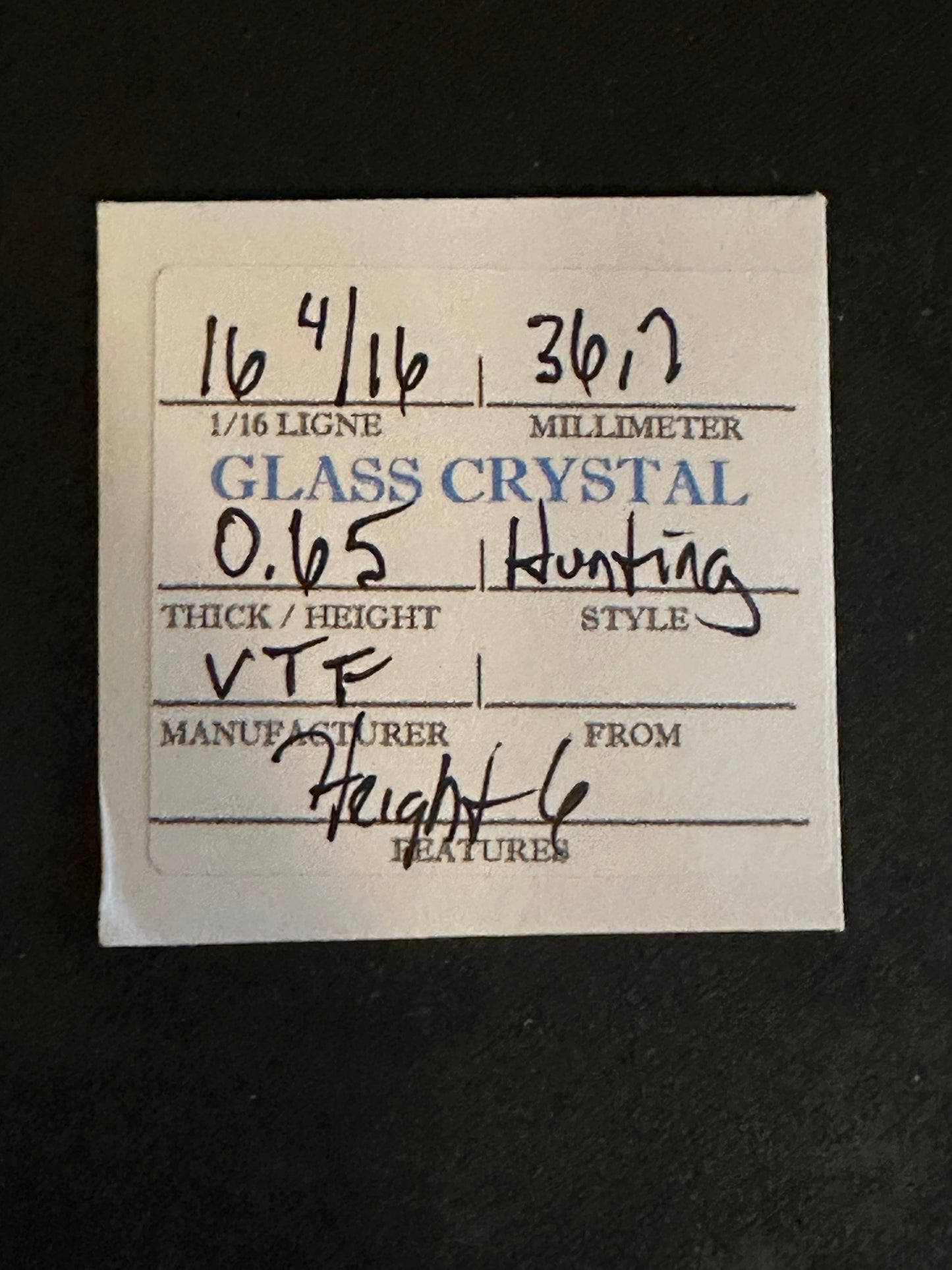 VTF Vintage Glass Hunting Case Watch Crystal 16-4/16 (~36.7mm) - NOS