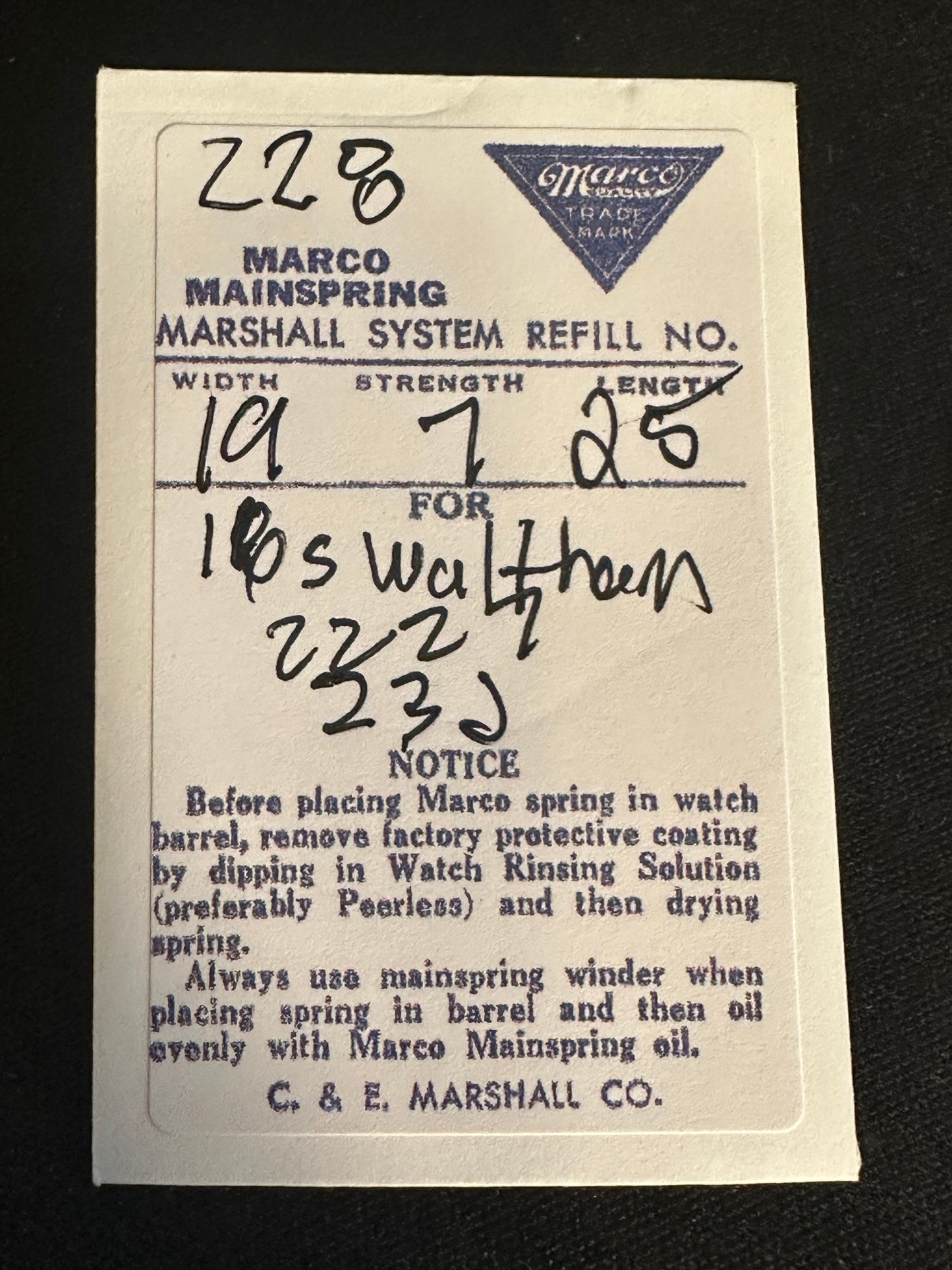 Marco Mainspring #228 for Waltham 16s 23j Factory No. 2227 - Steel