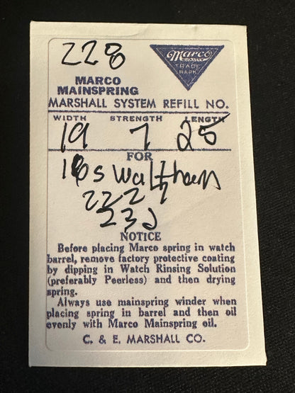 Marco Mainspring #228 for Waltham 16s 23j Factory No. 2227 - Steel