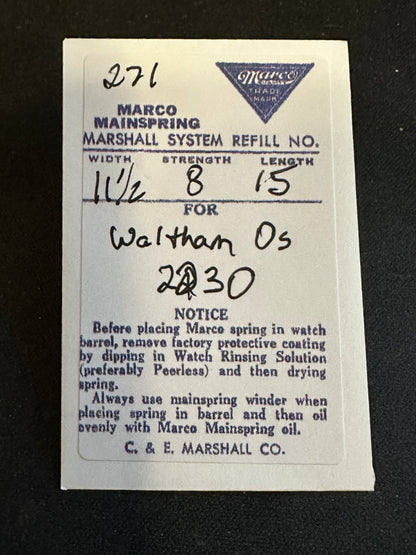 Marco Mainspring #271 for 0s Waltham Factory No. 2230 - Steel