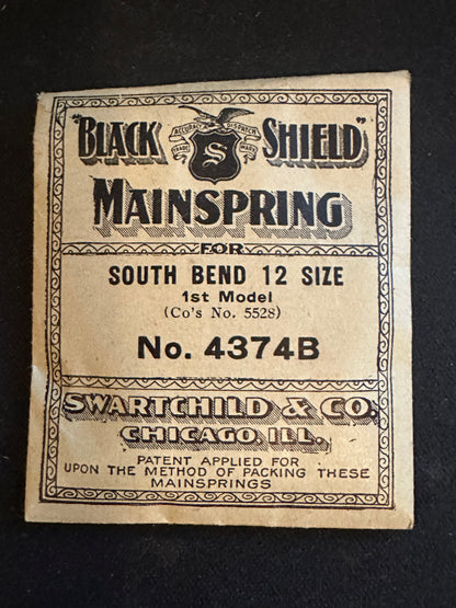 Swartchild Black Shield Mainspring #4374B for 12s South Bend No. 55528 - Steel