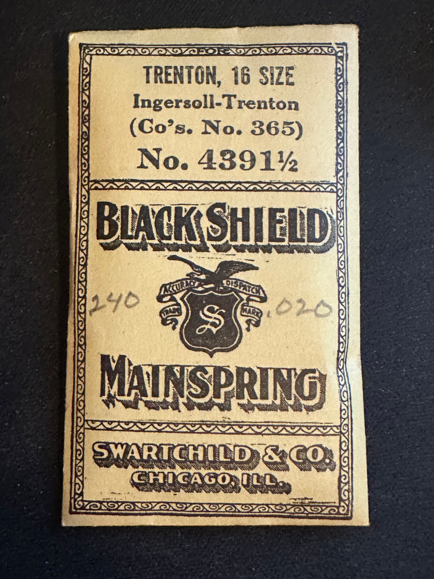 Swartchild Black Shield Mainspring #4391½ for 16s Ingersoll Trenton No. 365 - Steel