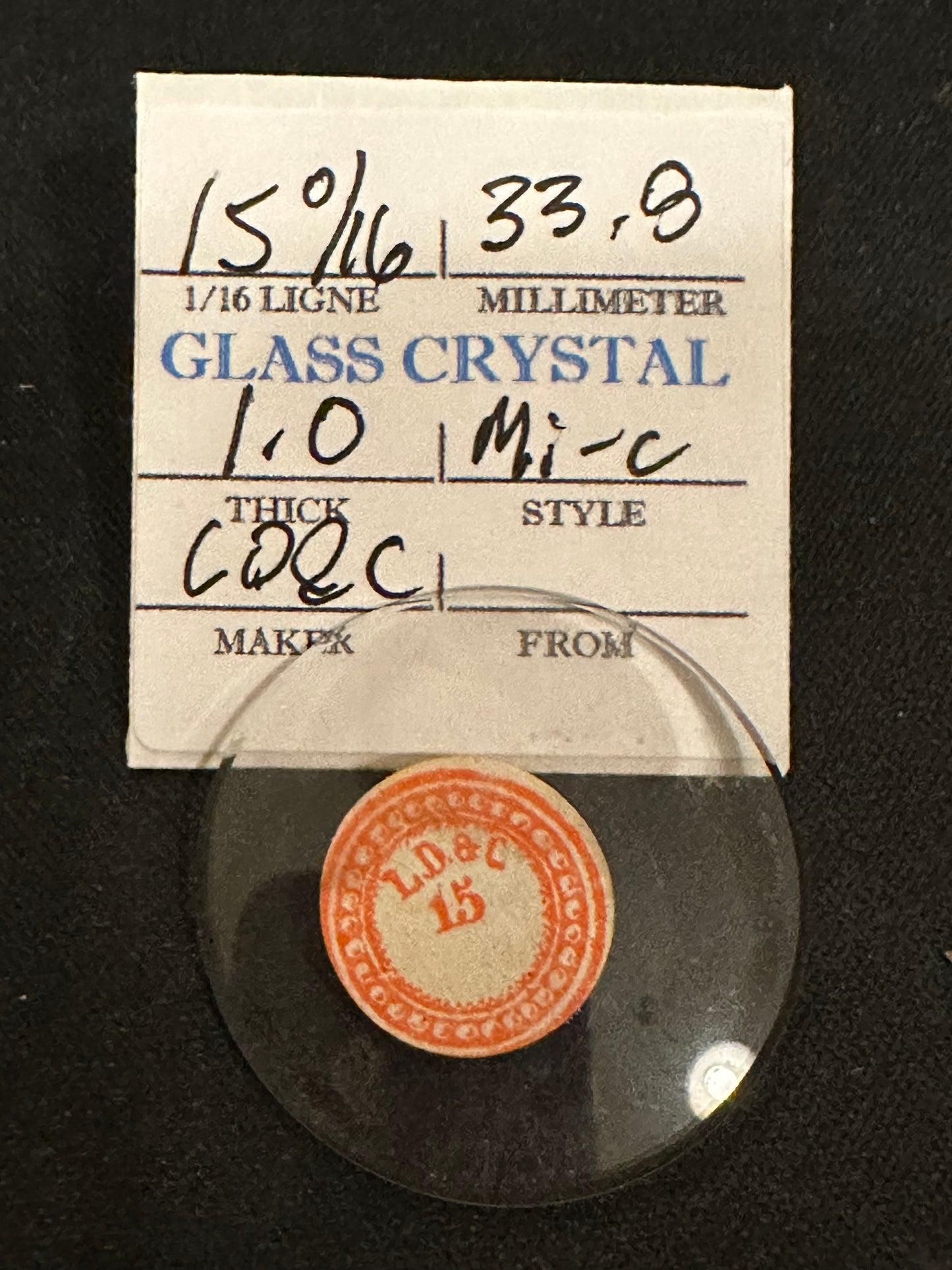 L. D. & C Vintage Glass Pocket Watch Crystal 15-0/16 (~33.8mm) - NOS