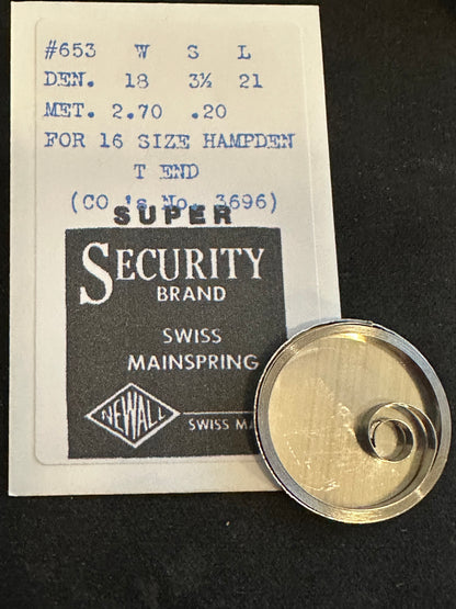 Newall SUPER Security Mainspring #653 for 16s Hampden No. 3696 - Alloy