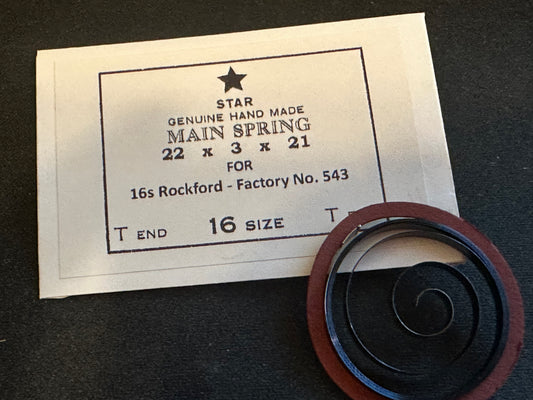 Star Mainspring for 16s Rockford early models No. 543 - Steel