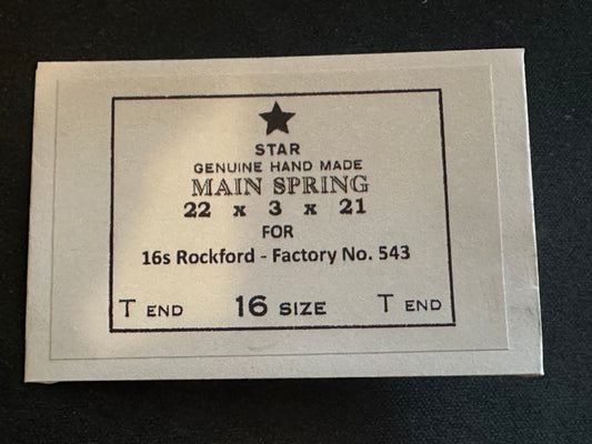Star Mainspring for 16s Rockford early models No. 543 - Steel
