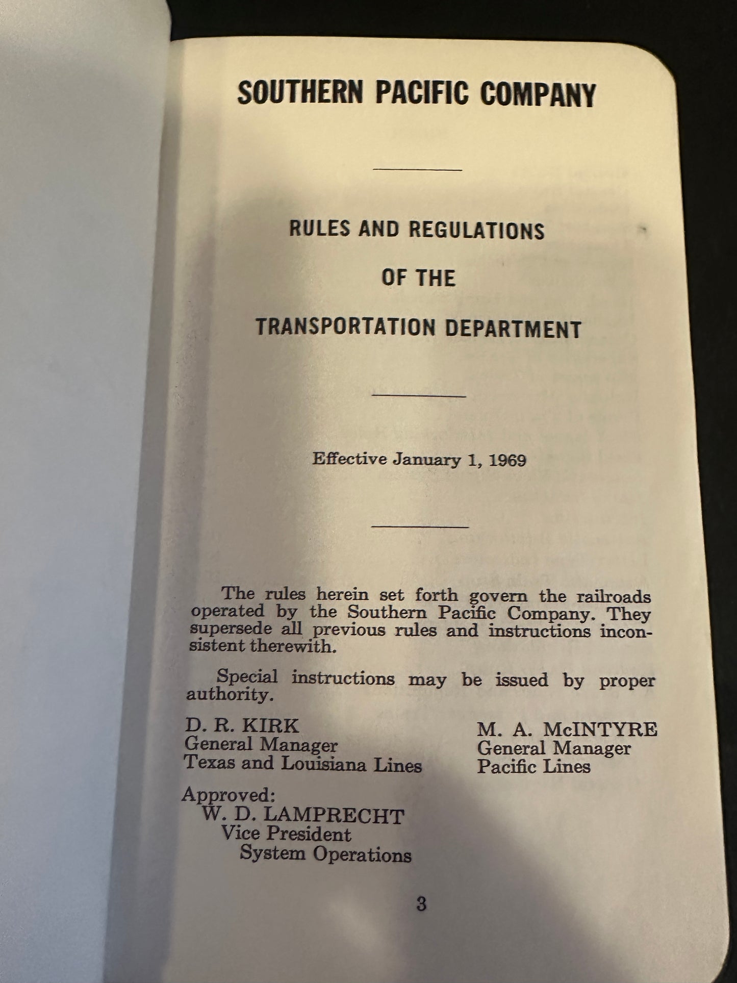 Southern Pacific Railroad Transportation Dept. Rules & Regulations 1969