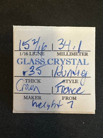 Crown Vintage Glass Hunting Case Watch Crystal 15-2/16 (~34.1mm) - NOS